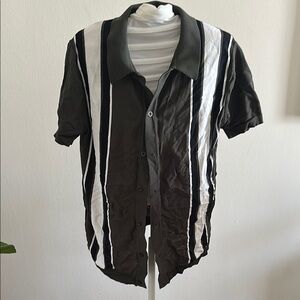 Paul Jones Green, Black and White Striped Button-Up Shirt